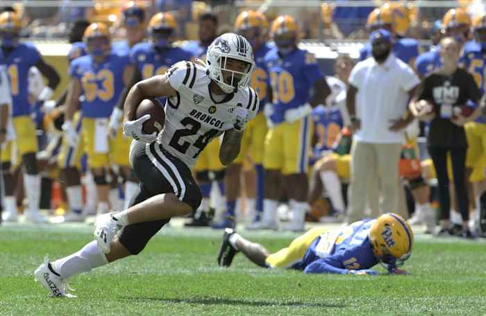 Western Michigan receiver Skyy Moore (24) runs for a touchdown against the Pitt Panthers. Mandatory Credit: Charles LeClaire-USA TODAY Sports